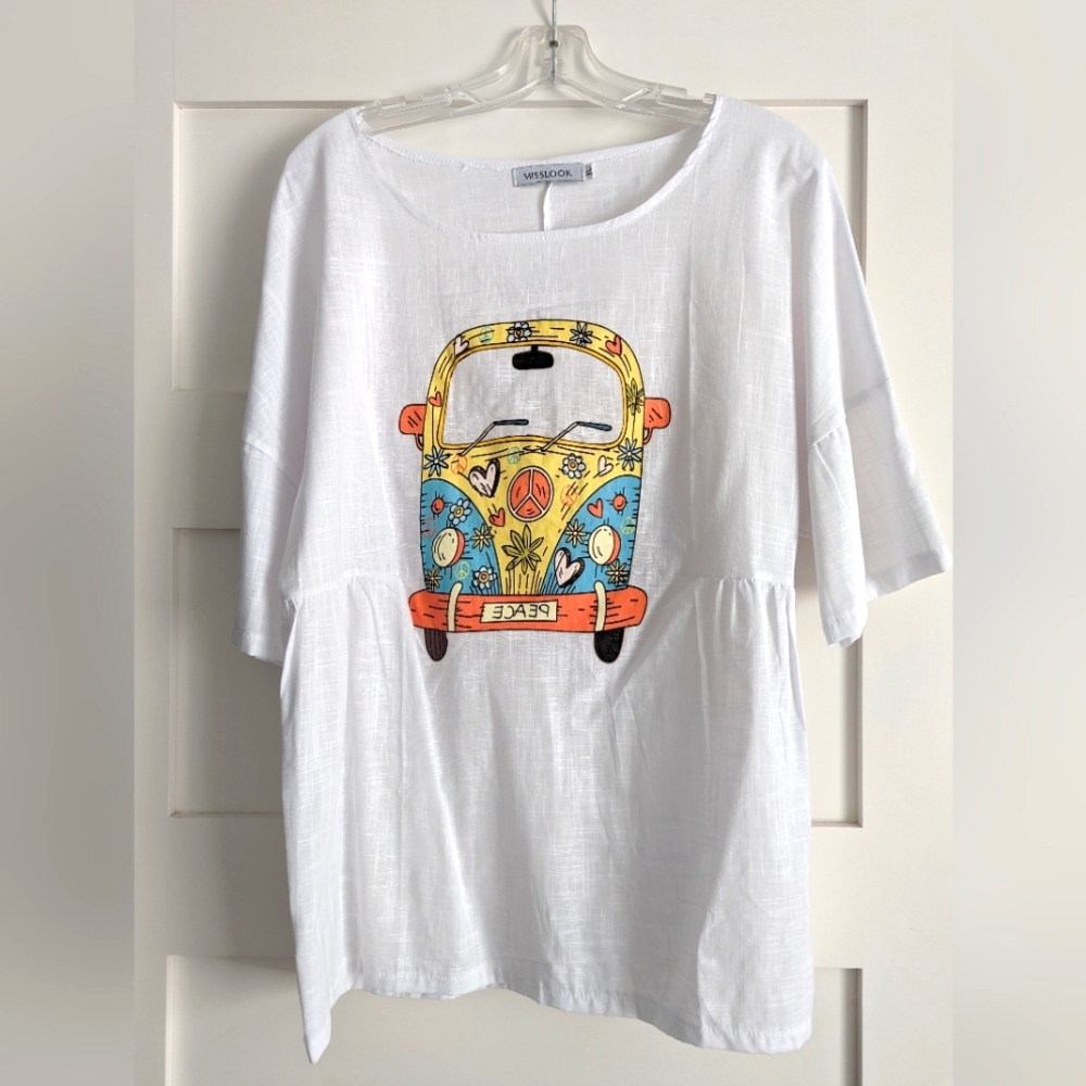White linen peace bus shirt, size XL